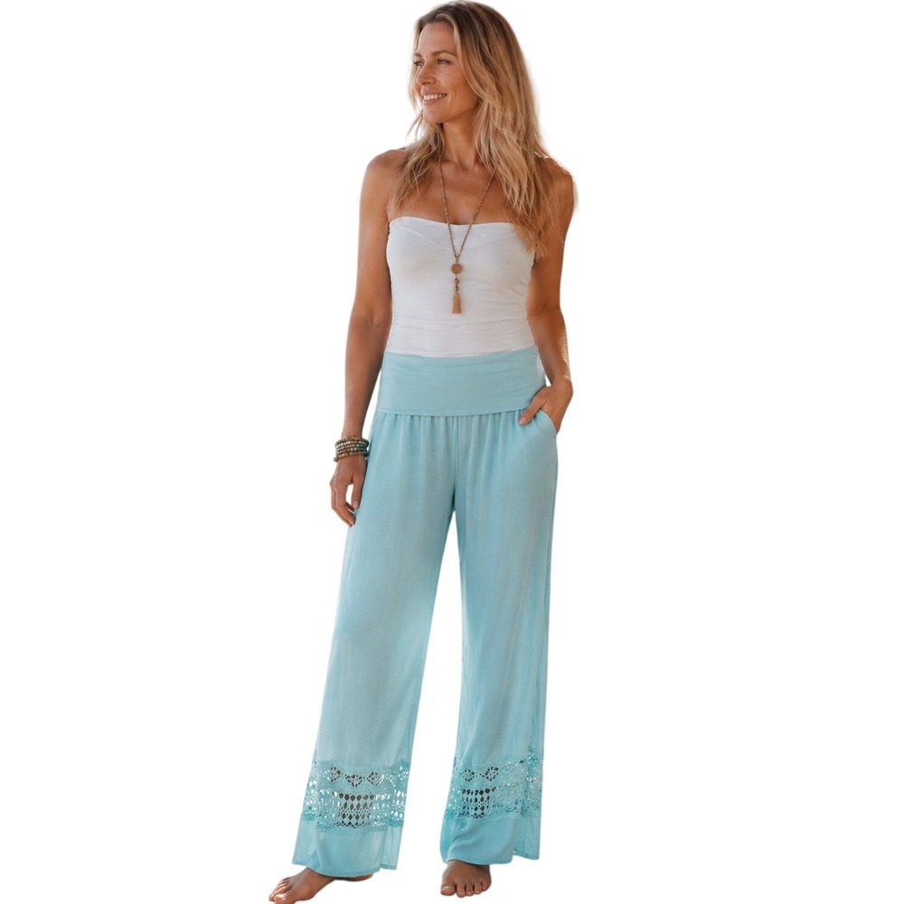 Hailey And Co Blue Wide Leg  Linen Blend Pants Crochet Lace Boho‎ Coastal L